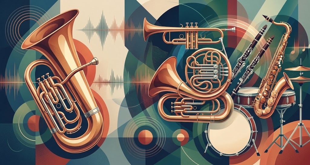 Illustration der Instrumente der Musikkapelle St. Jakob — Tuba, Trompete, Waldhorn, Klarinetten, Saxophon und Schlagwerk