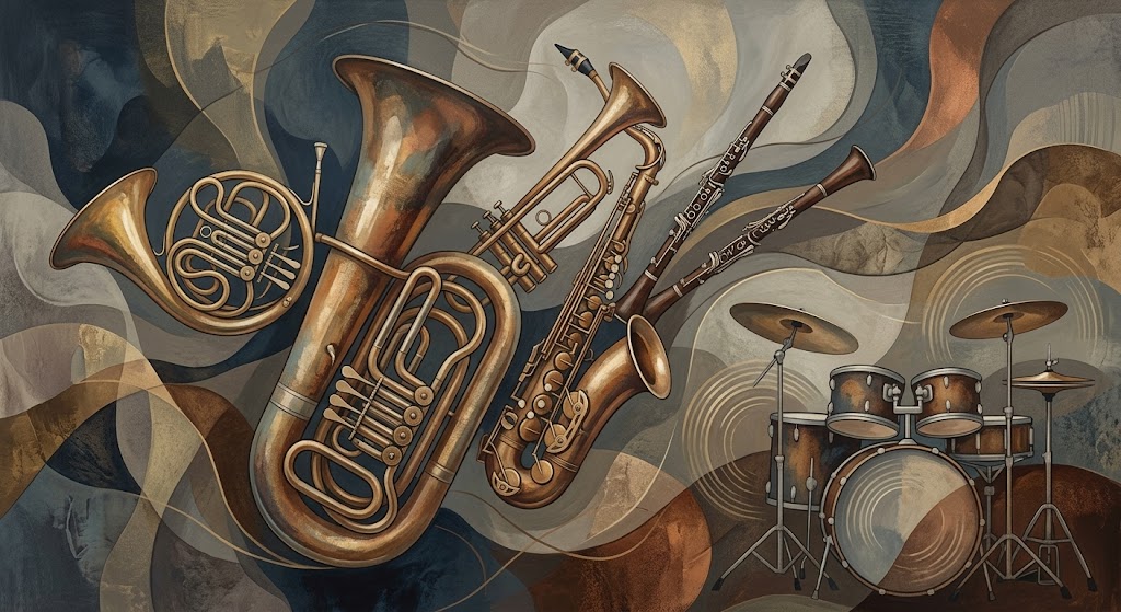 Illustration der Instrumente der Musikkapelle St. Jakob — Waldhorn, Tuba, Saxophon, Klarinette und Schlagwerk